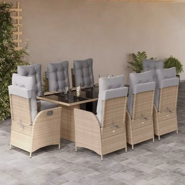 Set da pranzo da giardino vidaXL in polyrattan con piano in vetro, 9 pezzi, beige e grigio