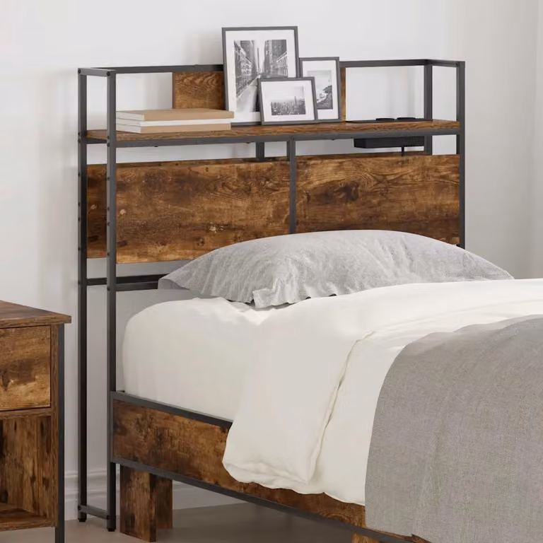 Testata letto con contenitore vidaXL in legno ingegnerizzato Rovere fumo con porta USB e mensola integrata, marrone