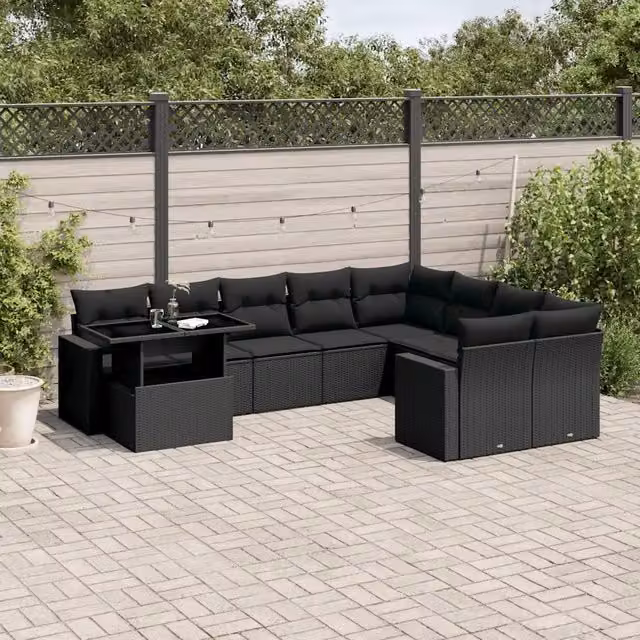 Set da Giardino Moderno vidaXL in Polyrattan Nero con Cuscini e Tavolino da Esterno – 1
