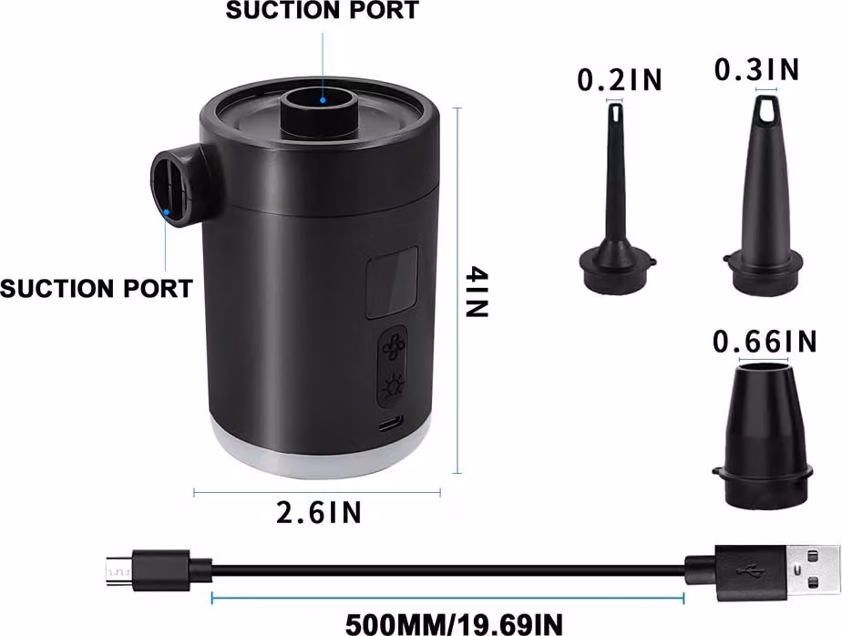 Pompa d'aria portatile, compressore elettrico a batteria, gonfia e sgonfia con 3 ugelli, luce LED a 3 modalità per piscina AirMattress airbed swimri