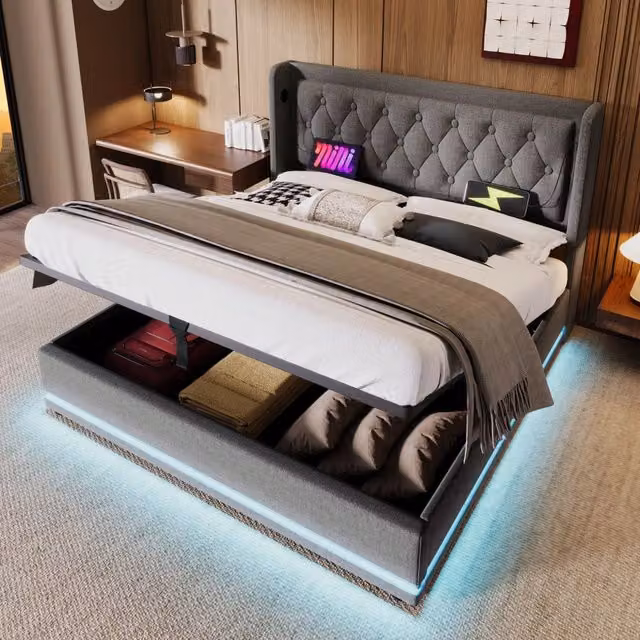 Letto contenitore matrimoniale OKWISH in tessuto grigio con porta USB, Tipo-C e illuminazione LED sottostante, L/P: 160 x 200 cm