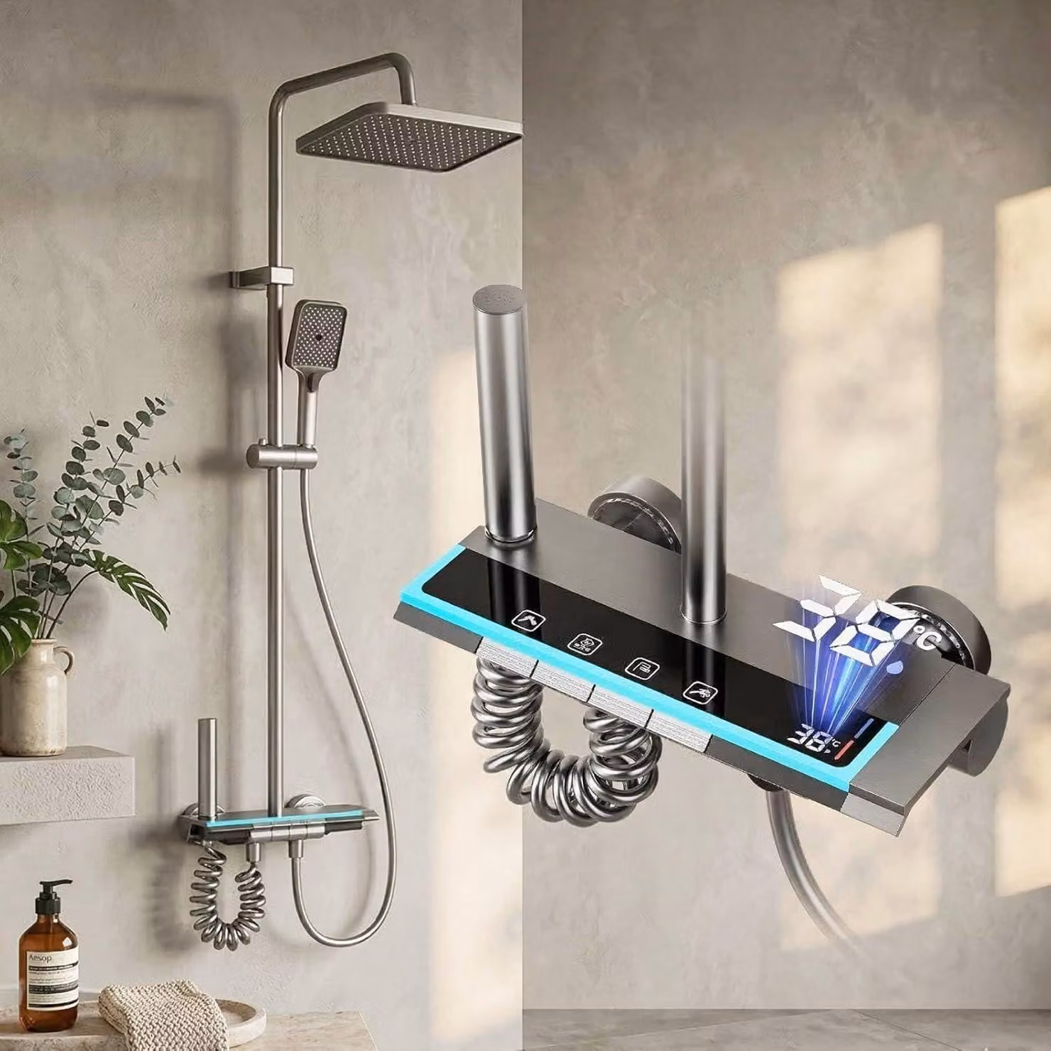 Sistema doccia con soffione a pioggia, doccetta manuale, altezza regolabile da 70 a 103 cm, in alluminio, per il bagno