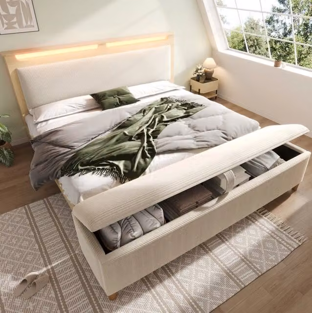 Letto 140x200 cm rovere chiaro e beige - LED e panca contenitore, senza materasso