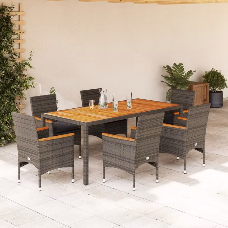 Set da pranzo da giardino vidaXL in polyrattan e legno di acacia con 7 pezzi e cuscini, colore grigio