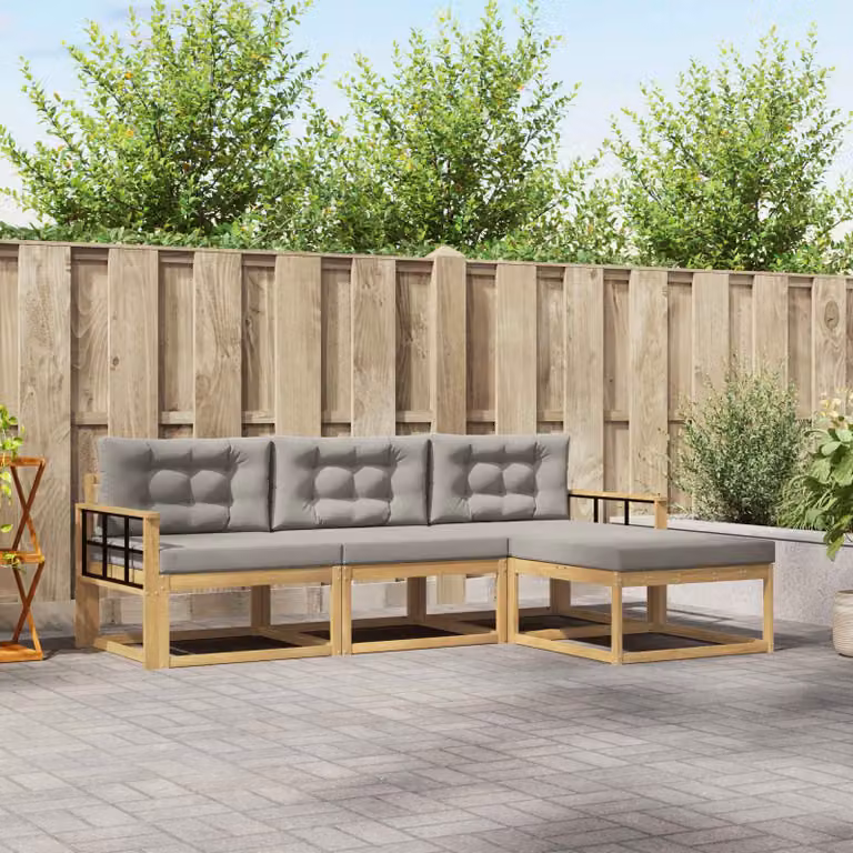Set di divani da esterno vidaXL a forma di L con pouf, struttura in legno di acacia e cuscini in poliestere resistente ai raggi UV, Bianco, Grigio e Marrone