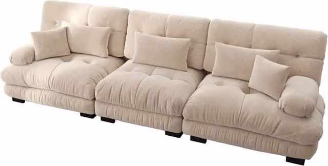 Divano angolare modulare 3 posti in chenille vintage marrone chiaro con seduta profonda e imbottitura confortevole