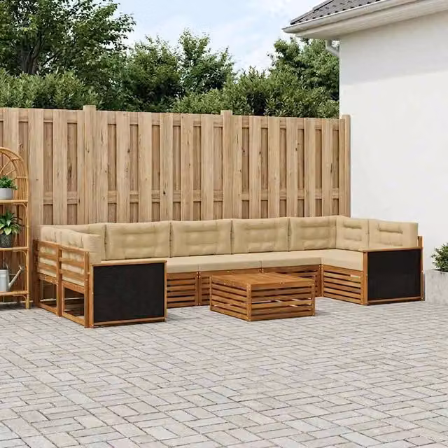 Set di divani da esterno a L con tavolino vidaXL in legno di acacia, 8 pezzi, Beige e Marrone – 1