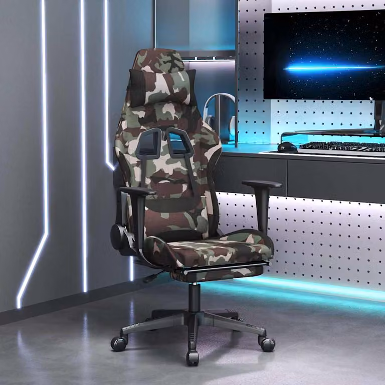 Sedia da Gaming vidaXL con Poggiapiedi, Design Mimetico e Verde Multicolore in Tessuto con Poggiatesta e Ruote
