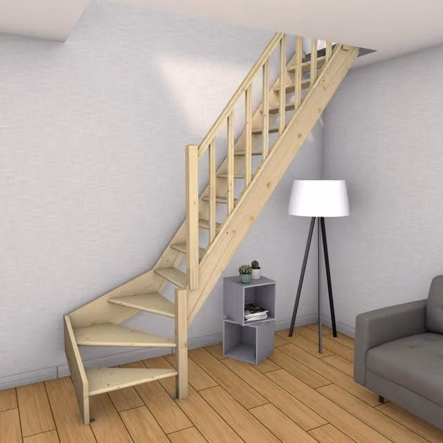 Scala modulare a quarto di giro Normandie BURGER con corrimano a destra in abete massello, colore abete naturale – 2