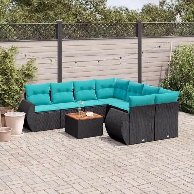 Set Divani da Giardino 9 pz con Cuscini Nero in Polyrattan 3224930