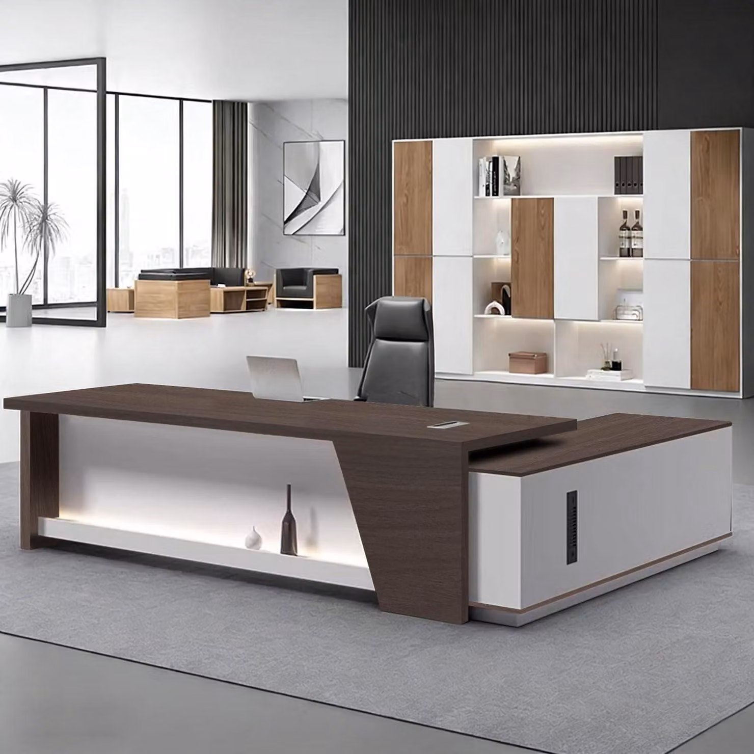 Scrivania a forma di L con spazio contenitivo, dimensioni 180x80x75 cm, colore nero e bianco