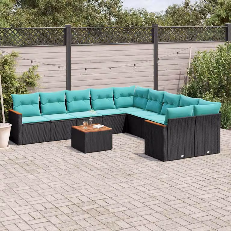 Set Divani da Giardino vidaXL 11 pz in Polyrattan con Cuscini e Tavolino da Caffè, Colore Nero e Blu Turchese