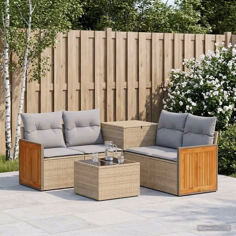 Set di divani da giardino vidaXL a forma di L in polyrattan con tavolo da caffè, 6 pezzi, Beige e Grigio