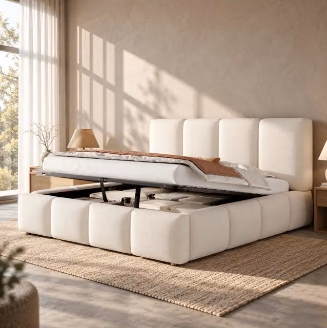 Letto matrimoniale imbottito 160x200 cm con contenitore idraulico, rete a doghe e testiera in bouclé bianco