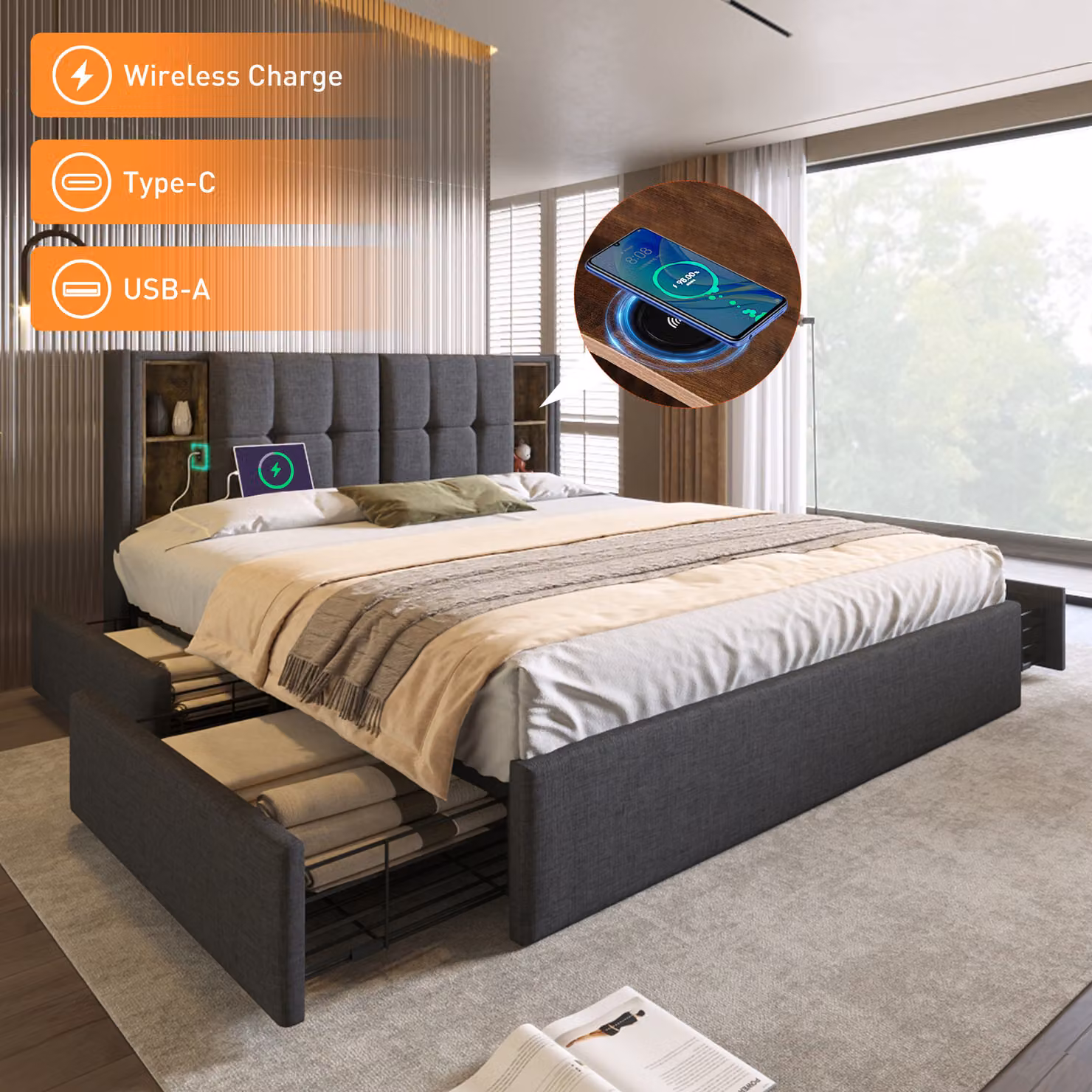 Letto imbottito matrimoniale con ricarica wireless USB C& 4 cassetti, rete imbottita 160x200cm, lino grigio (senza materasso)
