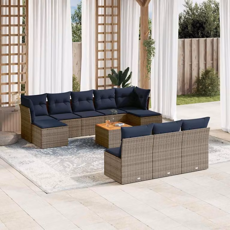 Set di divani da giardino vidaXL 11 pezzi in polyrattan con cuscini grigi e blu e struttura in legno di acacia oliato