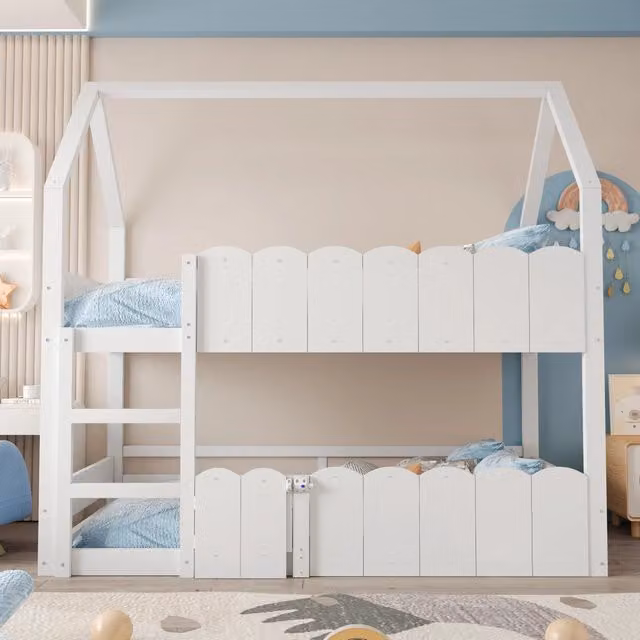 Letto a castello per bambini ¨C Minimal ¨C Bianco in legno 90x200 cm con rete a doghe e ringhiere di sicurezza