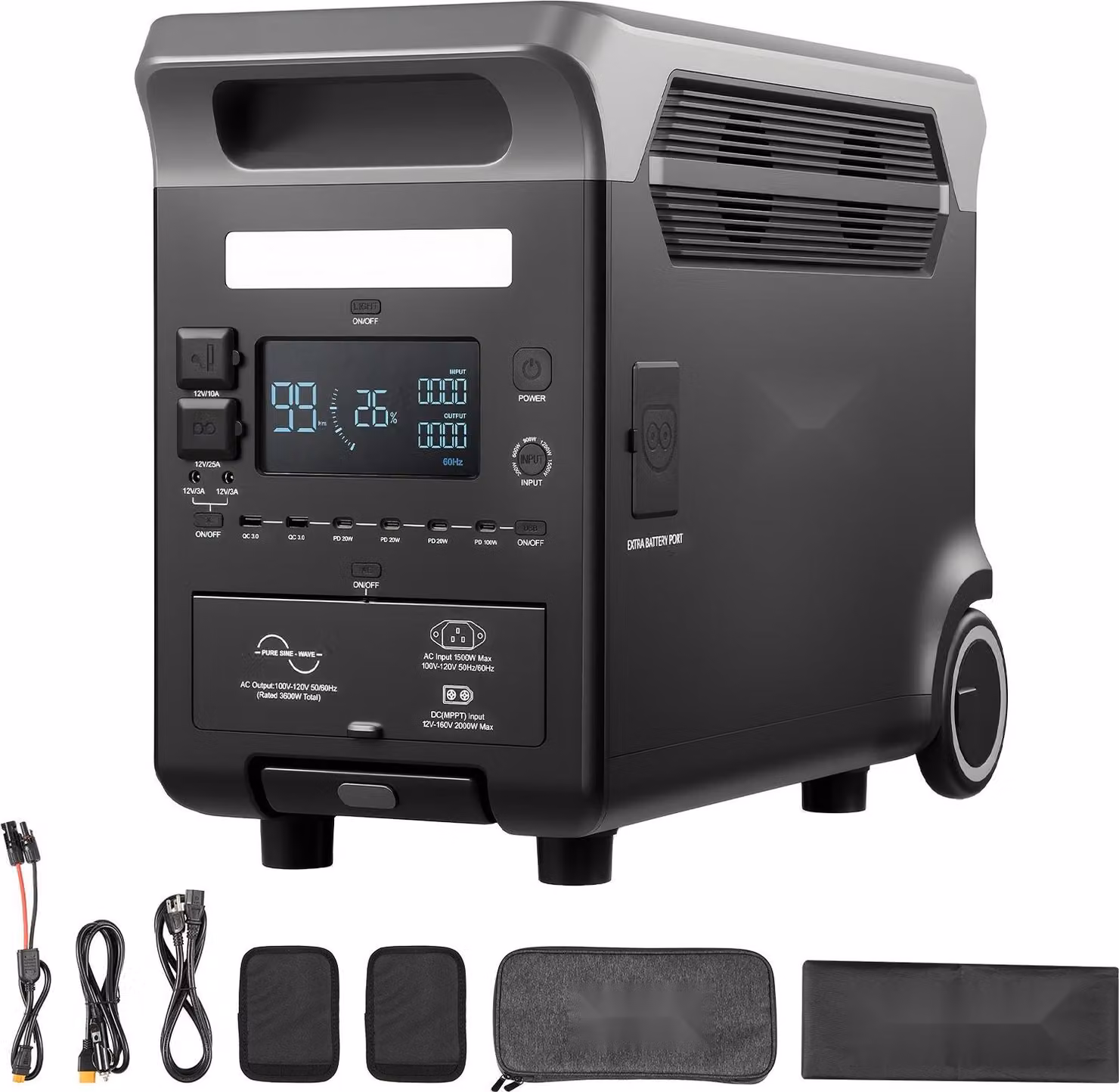 Stazione di ricarica portatile - Generatore solare - Potenza in uscita 3600 W - Capacità 3840 Wh - 10 uscite - Batteria LiFePO4 - Potenza in ingresso regolabile (6 livelli) - Senza pannello solare