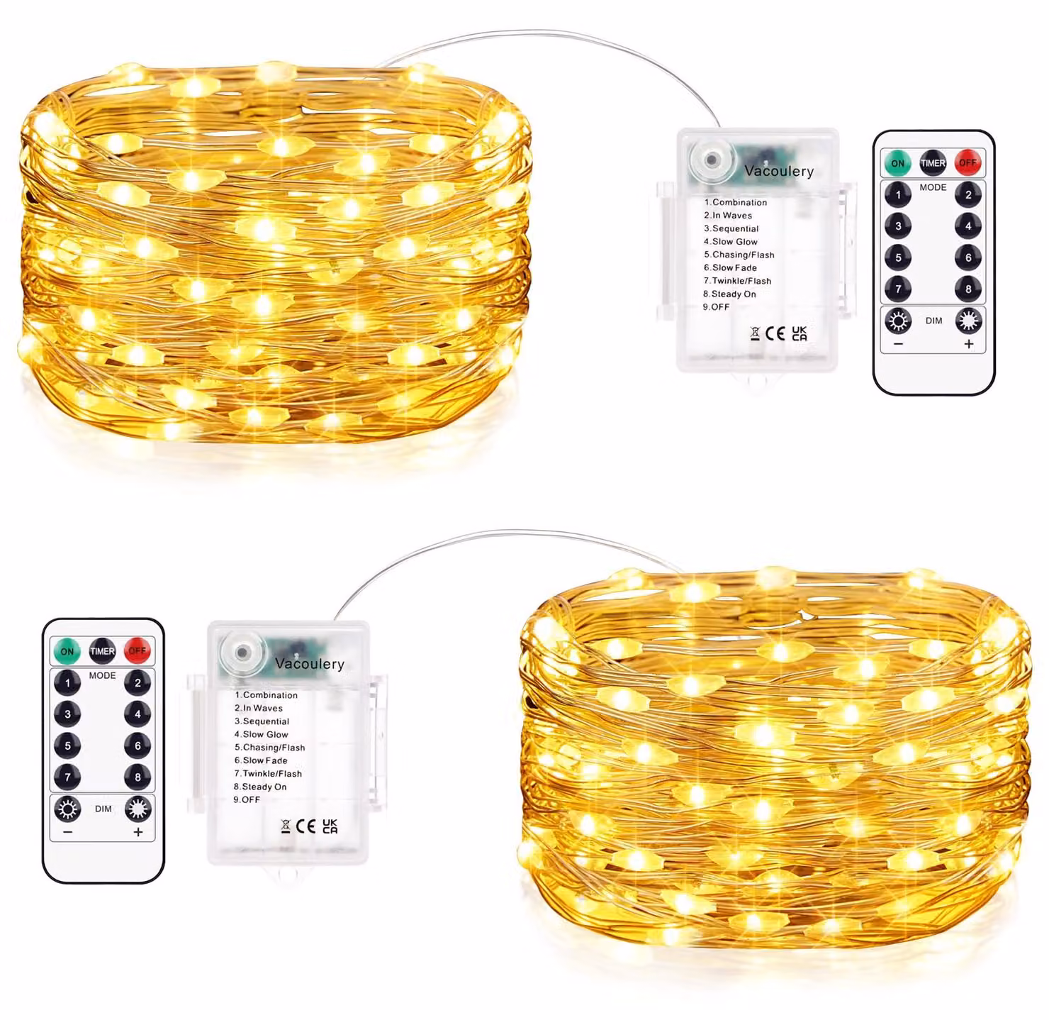Catena luminosa da 2 x 10 metri, 100 LED, alimentazione a batteria, timer, luce bianca calda