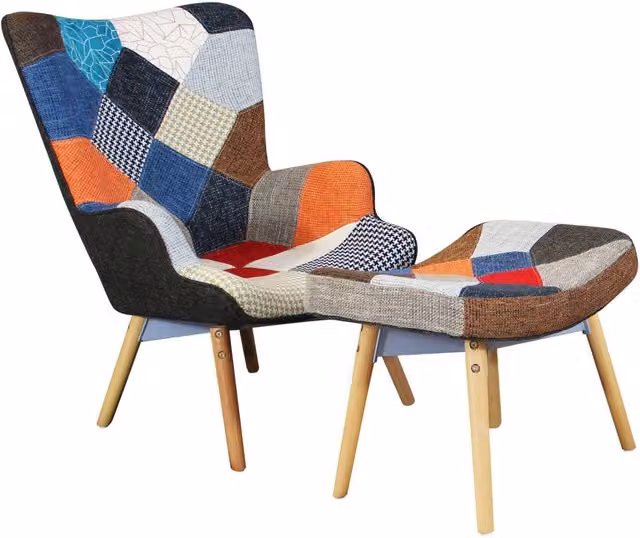 Poltrona con poggiapiedi Patchwork Svandinava in Legno Acciaio Tessuto cm 75x69x91 5 - TYRESE