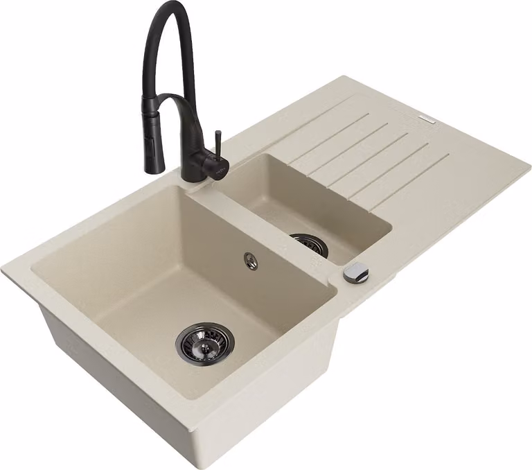 Mexen Matias lavello in granito 1,5 vasche con sgocciolatoio e rubinetto da cucina Aster, beige - 6502-69-73450-70-B