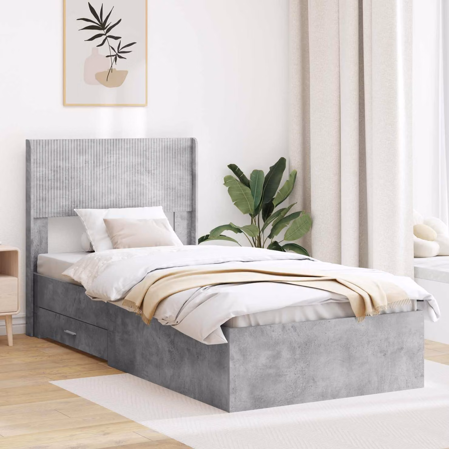 Letto moderno vidaXL con contenitore e testata in legno, Grigio Cemento, L: 140 cm, P: 193 cm, H: 82 cm