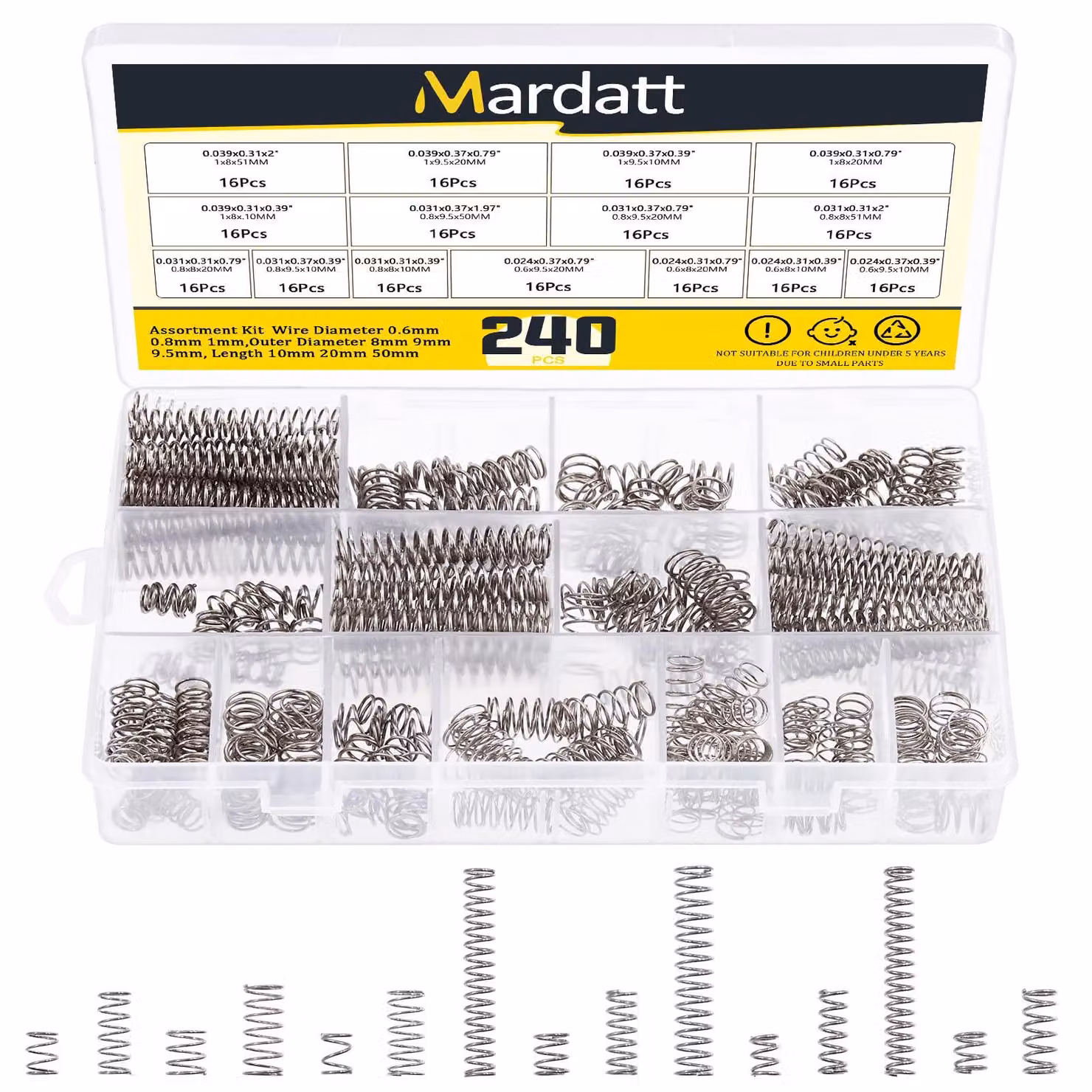 Assortimento di molle a compressione, 240 pezzi, 15 dimensioni, acciaio inossidabile, 0,6–1 mm