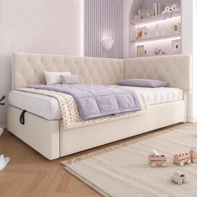 Letto imbottito 90x190 cm con contenitore idraulico in velluto beige