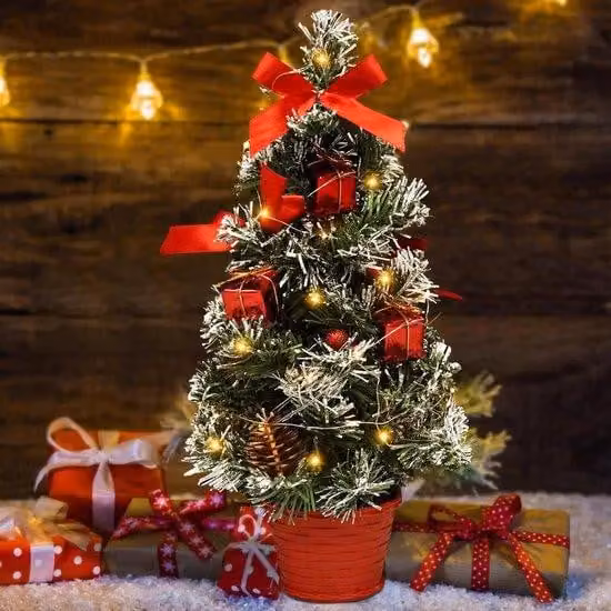Alberello di Natale in miniatura da 40 cm con luci e decorazioni (rosso)