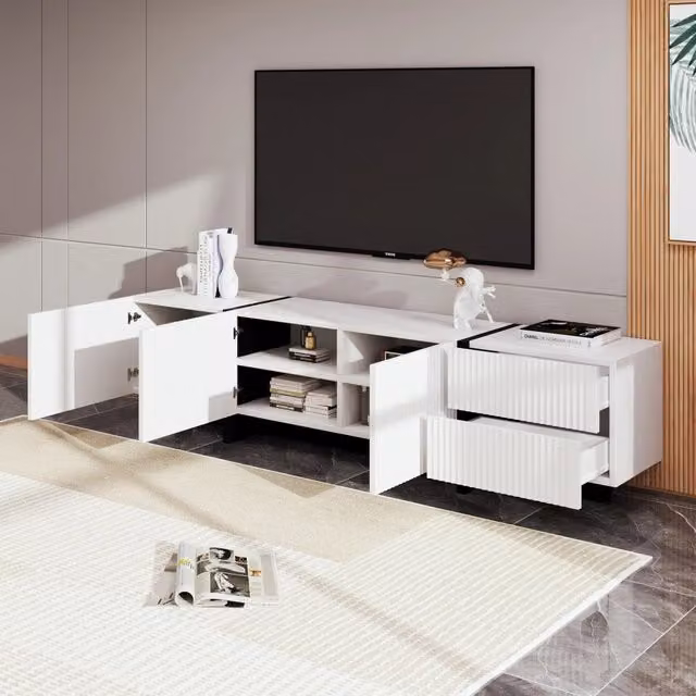 Mobile porta TV moderno OKWISH per soggiorno in MDF e pannello truciolare, bianco e nero, con 3 ante e 2 cassetti, L: 190 cm, P: 35 cm, H: 45 cm