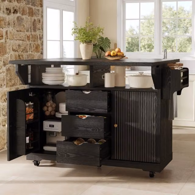 Carrello da cucina con piani pieghevoli; 3 cassetti e ruote con freno; 142;5x80x95 cm nero