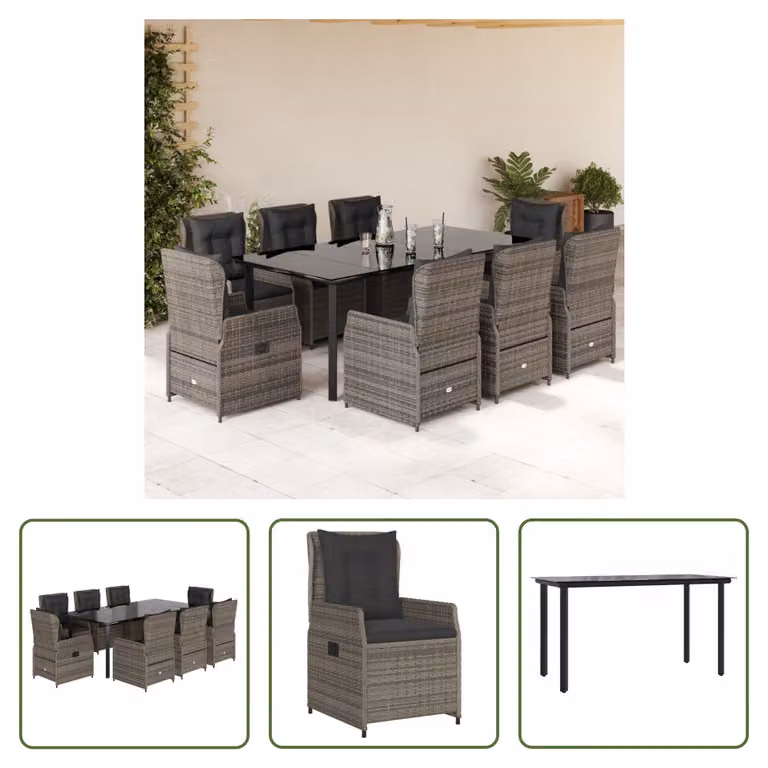 The Living Store Set da pranzo da giardino 9 pezzi con cuscini in poly rattan grigio