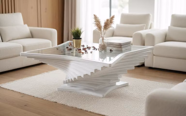 Tavolino moderno, bianco, comodo, in vetro, confortevole, pratico, in legno, funzionale