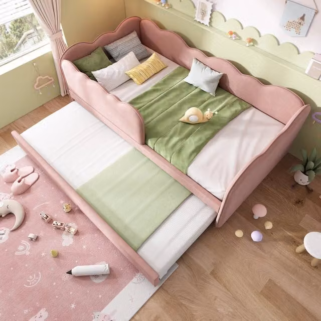 Letto divano singolo 190×90 cm con letto estraibile e barriera rimovibile, senza materasso, velluto rosa