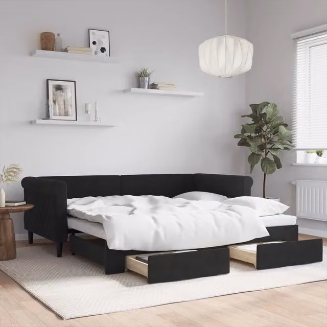 Divano Letto Estraibile vidaXL in Velluto Nero con Cassetto per Soggiorno e Camera da Letto L/P: 90 x 190 cm