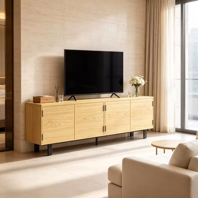 Mobile TV 180x35x55.5 cm con apertura a pressione in pannello di particelle naturale