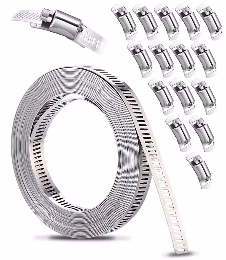 Set di fascette per tubi metallici, composto da una striscia da 6 metri e 15 fascette, in acciaio inossidabile