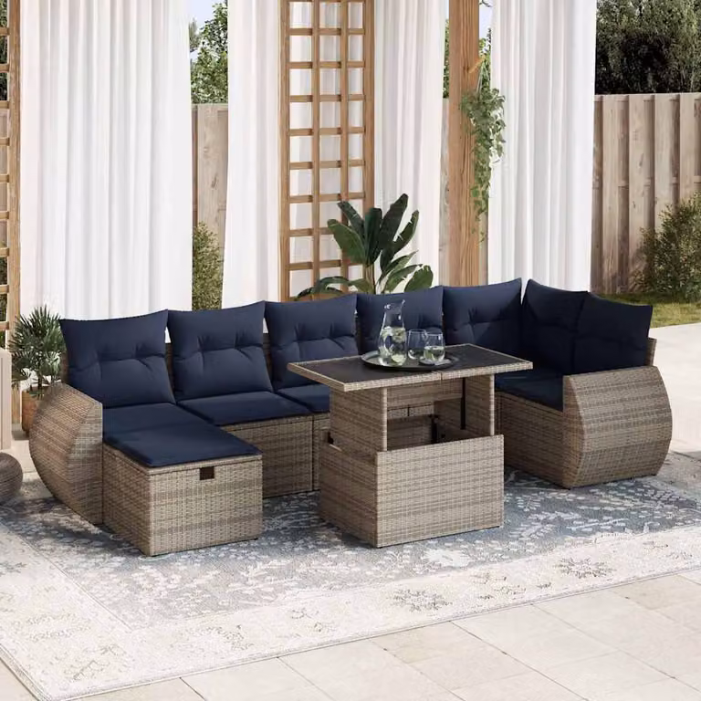 Set da giardino vidaXL composto da 8 pezzi in polyrattan e legno di acacia con cuscini grigi e blu per esterno