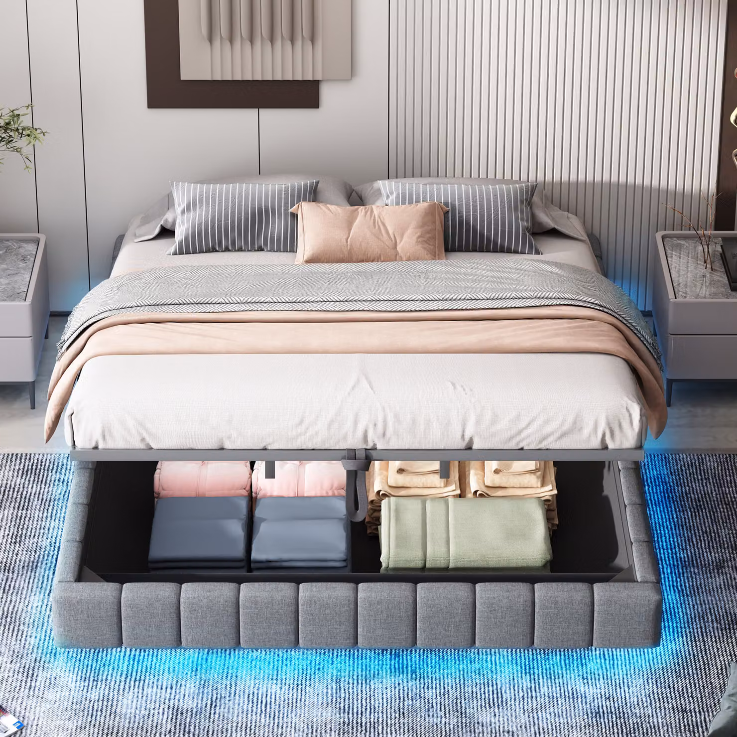 Letto imbottito MODFU 180×200 con materasso, letto per ragazzi con illuminazione a LED e telaio sospeso, letto matrimoniale con contenitore e rete, senza testiera, grigio