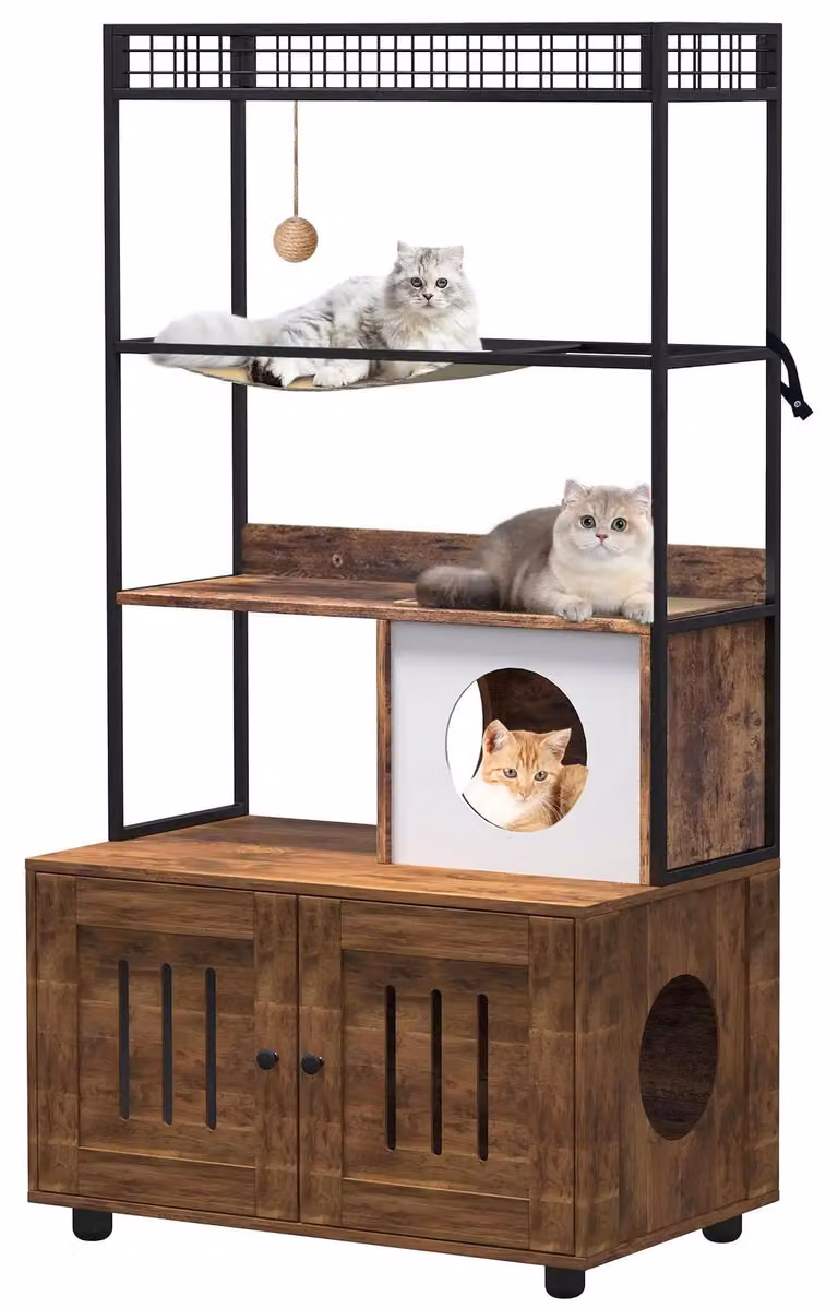 Arazzo e mobile per lettiera - Casetta per gatti in legno - Altezza 152 cm - 5 livelli - Amaca - Tana - Colonna tiragraffi - Lettiera nascosta - Marrone