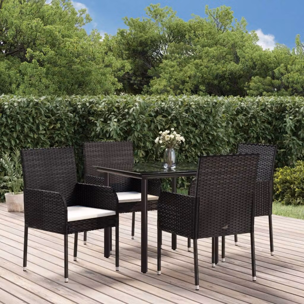 Set da pranzo da giardino vidaXL in polyrattan nero con tavolo in vetro e 5 sedie con cuscini