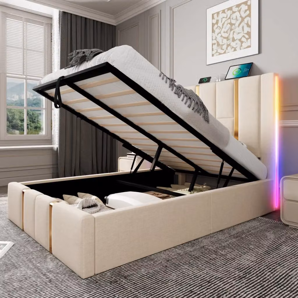 Letto imbottito WISHDOR con contenitore sollevabile, illuminazione LED sotto il letto e porte USB e Type-C, beige, L/P/H: 90 x 200 cm – 2