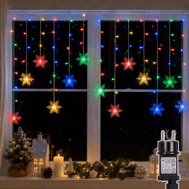 Catena luminosa LED da 1,8 metri, a forma di fiocco di neve, impermeabile, con 8 modalità di illuminazione, ideale per interni, giardini, decorazioni natalizie, multicolore
