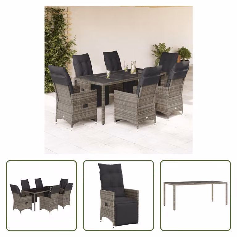 The Living Store Set bistrot da giardino 7 pezzi con cuscini in poly rattan grigio