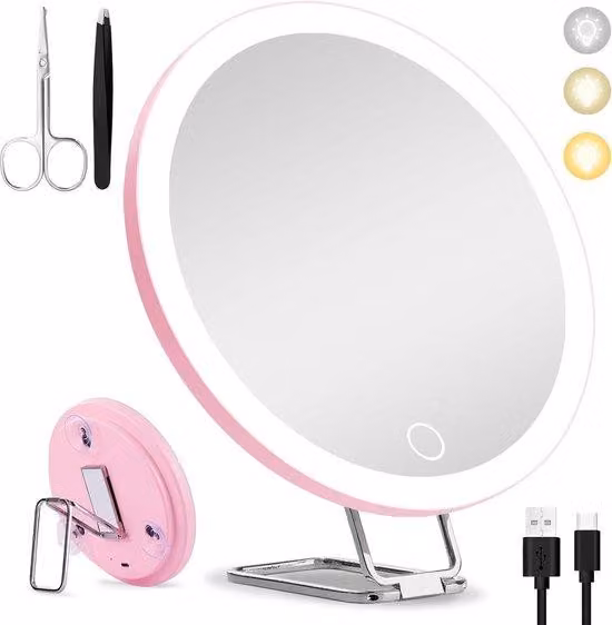 Specchio da trucco con ingrandimento 20x, luce regolabile, ricaricabile, 15 cm