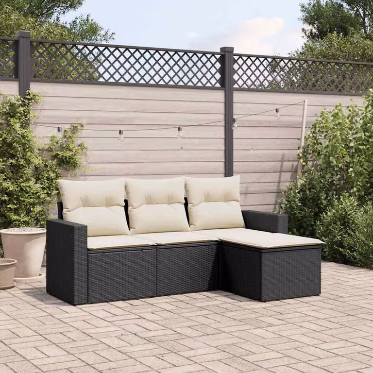 Set di divani da giardino vidaXL a forma di L composto da 4 pezzi in polyrattan nero con cuscini inclusi