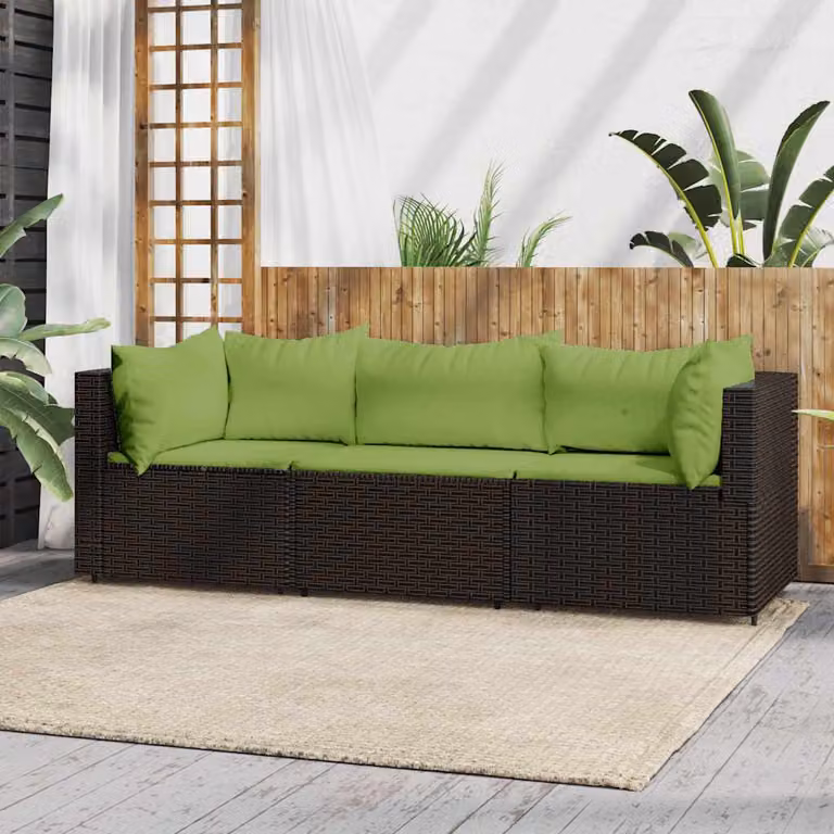 Set Mobili da Giardino vidaXL 3 Pezzi in Polyrattan Marrone e Verde con Cuscini e Struttura in Acciaio Verniciato a Polvere
