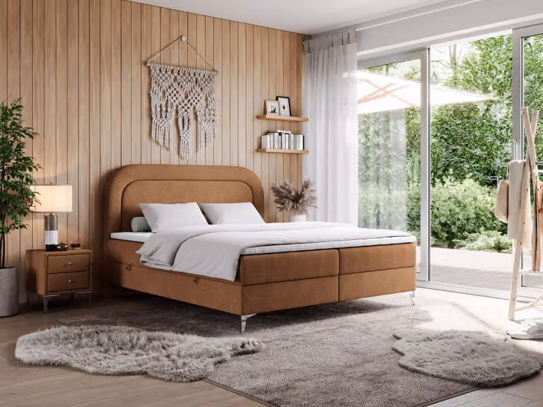 Letto matrimoniale, modello boxspring con materasso a multipocket, per la camera da letto - EIRA - 140x200 cm - Arancione - Altezza 40 cm