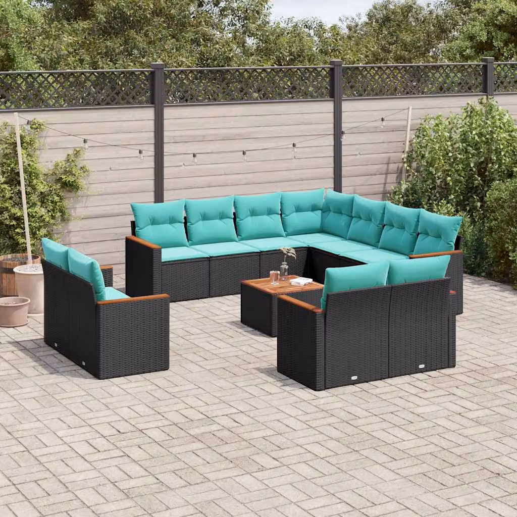 Set Divani da Giardino vidaXL 12 Pezzi a Forma di U con Tavolino e Cuscini, Polyrattan e Acciaio, Colore Blu Turchese