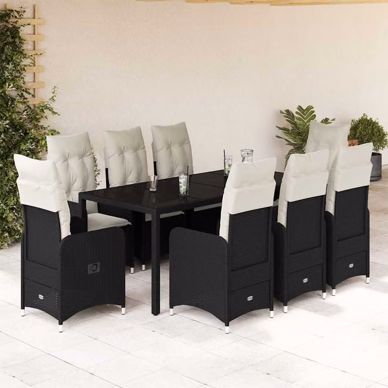 Set Bistrò da Giardino vidaXL 9 pz in Polyrattan Nero con Cuscini e Piano in Vetro